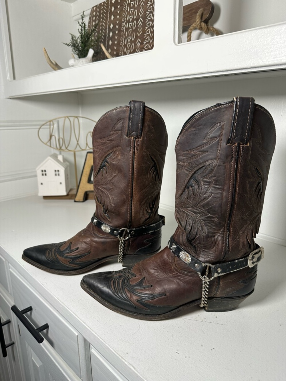 Vintage Code West Women’s 9.5 Brown Black Leather Harness Cowboy Boots Cowgirl